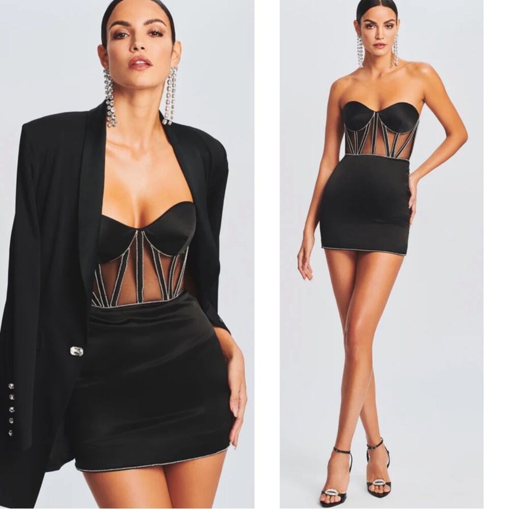 RETROFETE Ludlow Bustier Corset Crystal Embellished Sheer Black Mini Dress Sz S